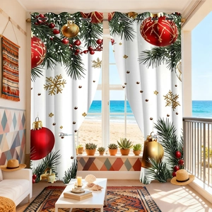 Rideaux occultants de Noël avec ornements rouges et dorés sur tissu blanc décoratif