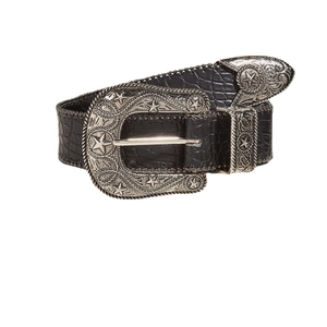 Vintage western black belt with crocodile texture and engraved silver buckle for women