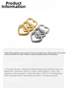Macro detail of 18k gold plated hollow heart pendants in stainless steel for DIY jewelry