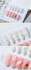 Close-up of 5D embossed nail stickers featuring white roses, bows and pearls