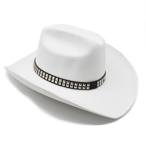 White wool felt western cowboy hat with wide brim and black studded leather band