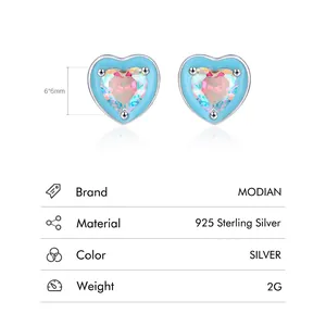 S925 sterling silver heart stud earrings with blue enamel and colorful cubic zirconia stones