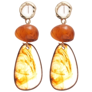 Retro resin geometric teardrop earrings with amber texture and gold hammered studs