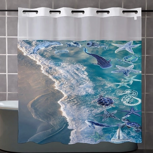Close-up of waterproof polyester shower curtain with dolphin and turtle ocean patterns