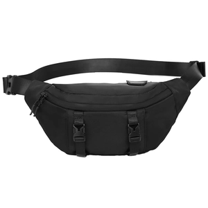 Black nylon casual chest bag for men featuring adjustable strap and buckle details