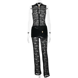 Chic black lace sleeveless jumpsuit with mock neck and ruched cross waist detail