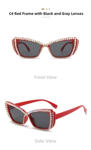 Detail view of red cat eye sunglasses with rhinestones and grey lenses in front side profile