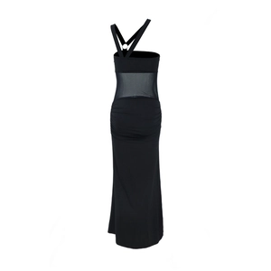 Detail view of the back of a black bodycon dress with mesh inserts and metal ring detail