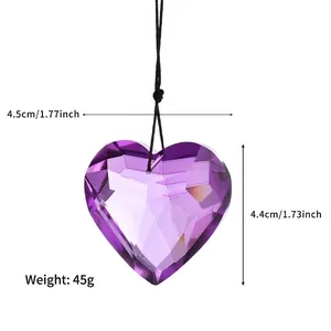 Detailed view of a purple 45mm heart crystal prism with exact size and weight dimensions