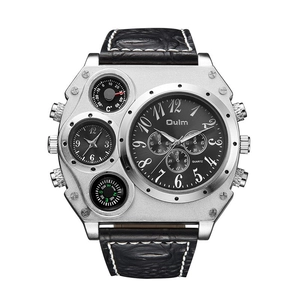 Oulm oversized men's watch with silver metal case, dual time zones and black leather strap