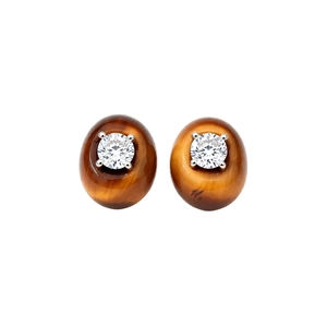 Elegant tiger eye and cubic zirconia oval stud earrings in gold plated silver setting
