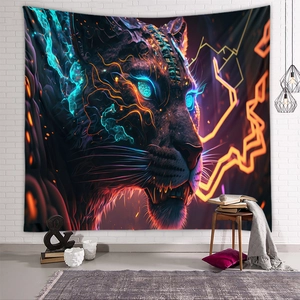 Detailed view of cyberpunk tiger tapestry hung on a white brick wall in a modern room