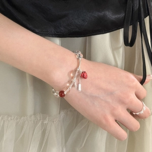 Beaded Bracelet With Strawberry Pendant Glass Beads Sweet Flower Charm Handmade Jewelry For Women Girls