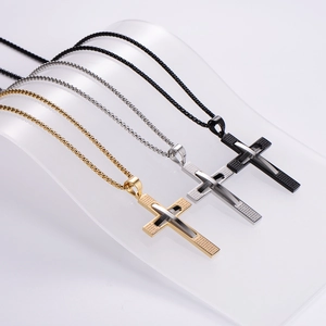 Vintage stainless steel cross necklaces in gold, silver, and black with engraved scripture