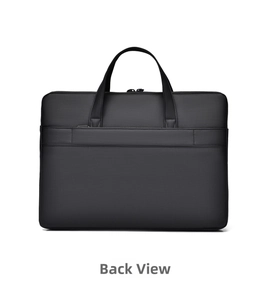 Rear view of 16 inch black laptop bag featuring a practical luggage strap for travel