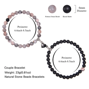 6mm natural matte stone couple bracelets with magnetic heart charm and elastic band