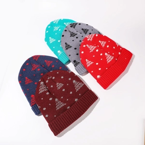 Winter thermal fleece knit hats with Christmas tree patterns in five different colors