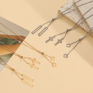 Minimalist geometric pull-out necklaces in gold and silver finish with adjustable sliders