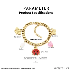 Detailed size and weight specs for stainless steel charm bracelet with bee and butterfly