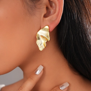 Golden irregular geometric wrinkled stud earrings with polished mirror finish for women