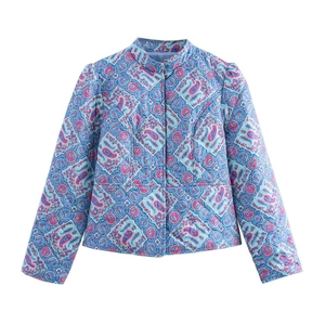 Quilted paisley print jacket featuring stand collar and vintage geometric patterns