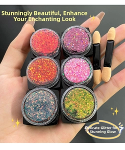 Close-up of 6-color glitter eyeshadow set with applicators for shimmering stage makeup