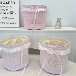 Quilted pink cotton storage basket set with lace trim and heart embroidery accents