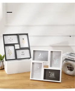 Detail of creative 6-inch 4-grid wooden photo frame with modern geometric splicing