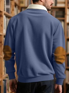 Detailed back view of men's knit sweater featuring brown elbow patches and contrast collar