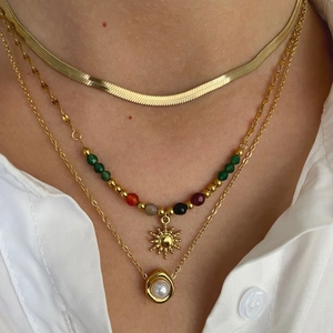 Stainless Steel Layered Necklace 18K Gold Plated Sun Pendant Colorful Beads Artificial Pearl Snake Chain Jewelry For Women