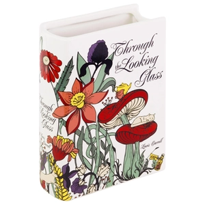 Creative book-shaped ceramic vase featuring Lewis Carroll Through the Looking Glass design