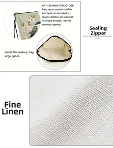 Detail of bird print linen makeup bag with durable alloy zipper and large capacity storage