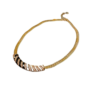 Collana vintage placcata in oro con strisce in smalto nero e cristalli scintillanti