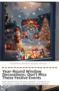 Detail of Christmas window sticker featuring red bows, bells, and Merry Christmas text