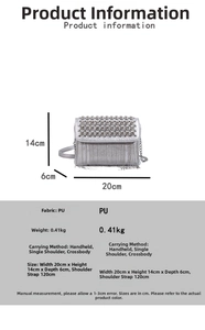 Detailed size guide for silver rhinestone fringe bag with dimensions 20x14x6cm and chain strap