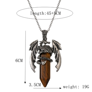 Detail showing vintage dragon-wrapped tiger eye crystal pendant with size measurements