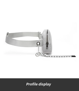 Profile display of a grey nylon waist bag with metal zipper and checkered strap detail