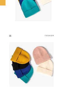 Detail of ribbed knit winter beanies in multiple colors including yellow, black and blue