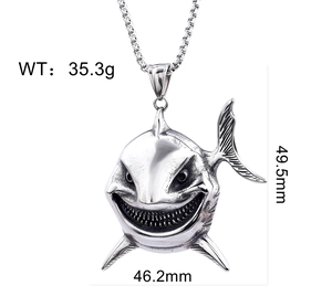 Detailed view of silver megalodon shark pendant with dimensions 46.2mm and 49.5mm
