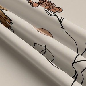 Close-up detail of modern abstract floral print fabric with minimalist line art patterns