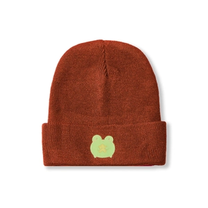 Detailed knit texture of rust red beanie with cute green frog patch holding a star