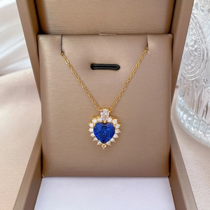 Titanium steel gold necklace with heart-shaped blue stone pendant in a gift box
