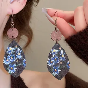 Bohemian Wood Teardrop Dangle Earrings With Blue Floral Print And Silver Earring Post Vintage Ethnic Style Jewelry