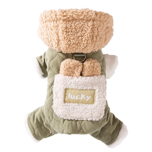 Thick warm winter dog jumpsuit with quilted cotton, fleece hood, and traction D-ring