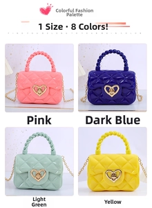 Detail showing four colors of mini jelly bags with heart buckles and metal chain straps
