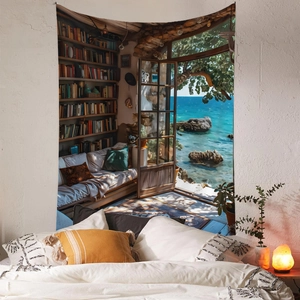Detail of bohemian tapestry featuring a seaside library scene on bedroom wall