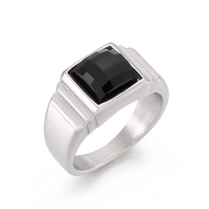 Vintage Men Square Black Gemstone Ring 316L Stainless Steel Geometric Horizontal Groove Jewelry Personalized Accessory
