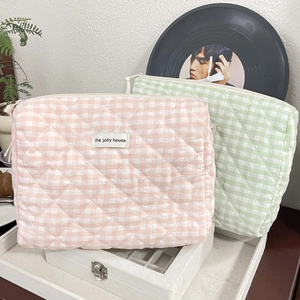 Quilted Cotton Cosmetic Bag Plaid Checkered Large Capacity Zipper Travel Toiletry Organizer Pouch Cute Portable For Women