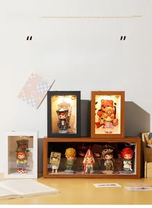 LED wooden display frame for blind box figures with hollow design and warm lighting