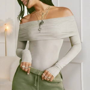Slim fit light grey off-shoulder long sleeve top with stylish mesh for women